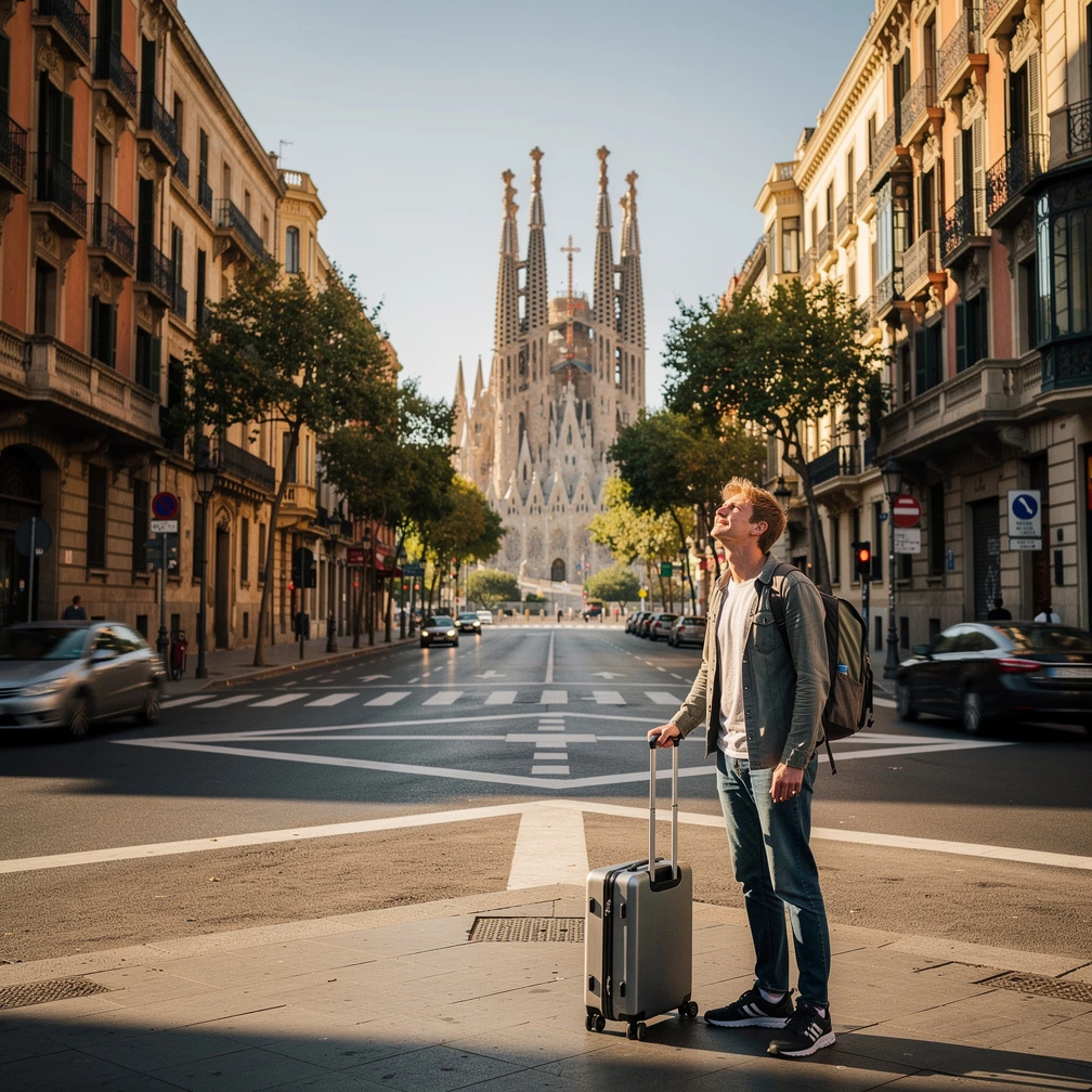 Bybillede fra Barcelonas Eixample-kvarter om morgenen med Sagrada Família i baggrunden -- en populær bydel for danske praktikanter